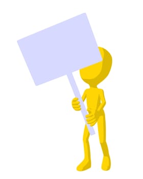 Cute yellow silhouette guy holding a blank sign on a white background
