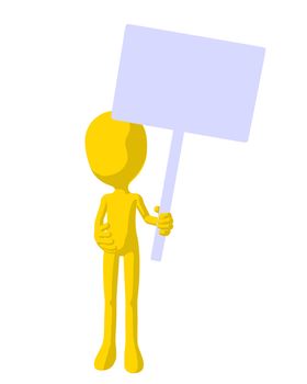 Cute yellow silhouette guy holding a blank sign on a white background
