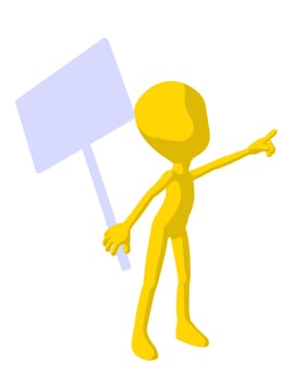 Cute yellow silhouette guy holding a blank sign on a white background
