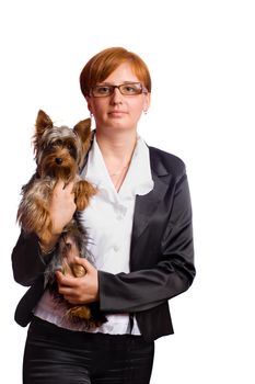 Business woman holding yorkshire terrier isolated on white