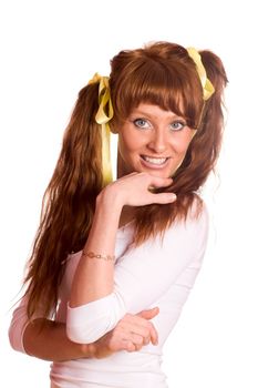 Redhead woman wearing ponytails isolated on white