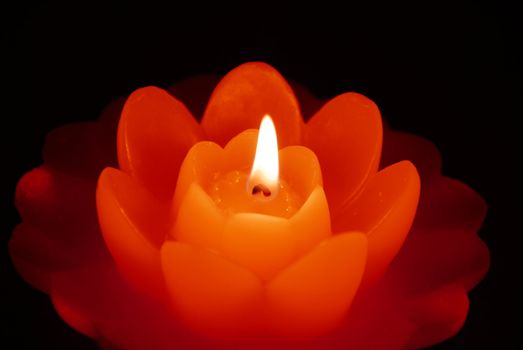 three orange burning flower shape candles on dark background