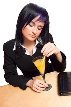 Young business woman Celebrating great contract with cocktail isolated on white