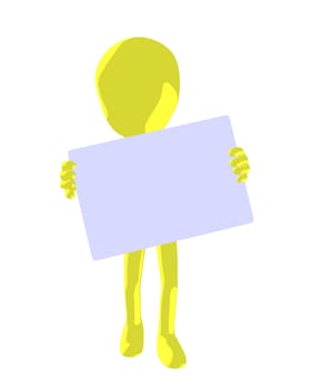 Cute yellow silhouette guy holding a blank business card on a white background

