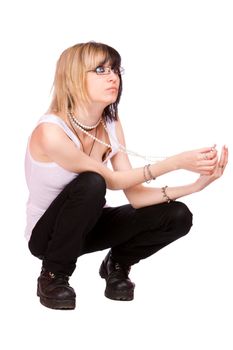 Funky woman with short hair wearing glasses isolated on white