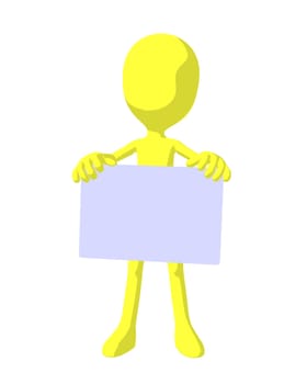 Cute yellow silhouette guy holding a blank business card on a white background
