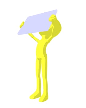 Cute yellow silhouette guy holding a blank business card on a white background
