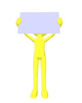 Cute yellow silhouette guy holding a blank business card on a white background
