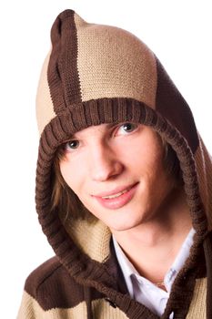 Young handsome man wearing hood isolated on white