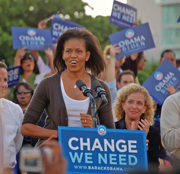 Michele Obama addressing an overflow crowd of over 30,000 people at a rallly held at Bay Front Park,Miami , Florida in Ovtober 2008