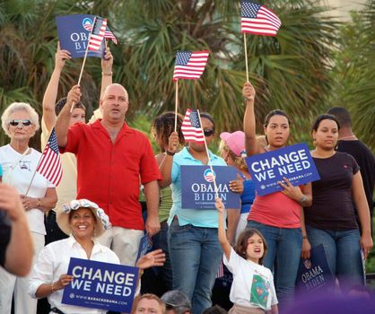 Obama supporters at a rally attended by over 30,000 people at BayFront Park,Miami,Florida in October 2008.