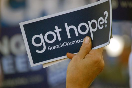 Hand holding a "Got Hope" placard at an Obama campaign rally in Bay Front Park,Miami,Florida in October 2008