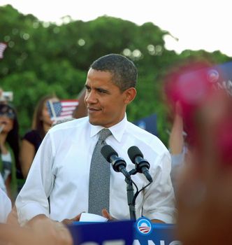 Then candidate now president Barack Obama speaking to over 30,000 of his sujpporters at a rally in Bay Front Park,Miami,Florida in October 2008