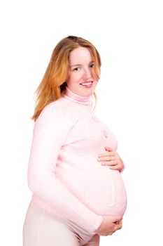 Beautiful Pregnant woman wearing sweater isolated on white
