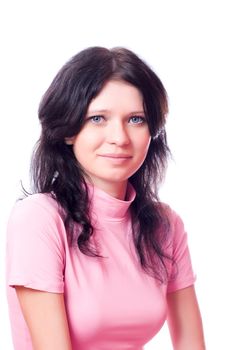 Young brunette woman wearing pink top isolated on white