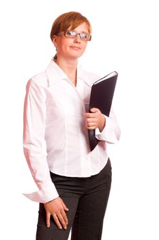 redhead Business woman holding folder isolated on white