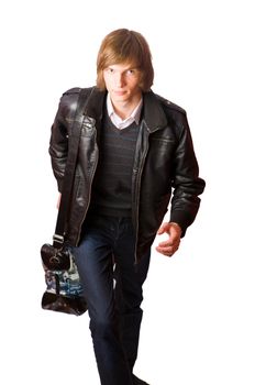 Young man Walking with bag wearing black coat