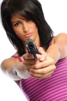 attractive young hispanic woman on a white background holding a pistol