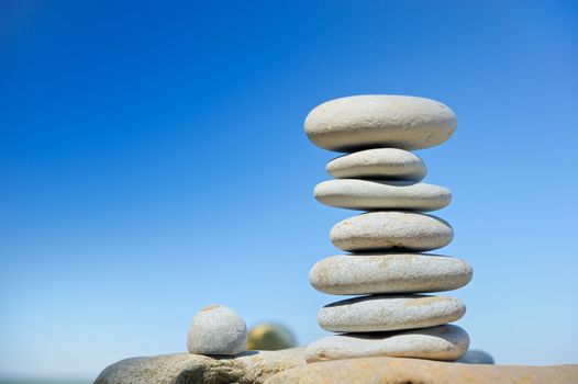 Seven sea stones on a beach in the summer morning