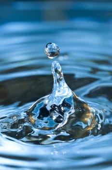 Bouncing water drops in blue background