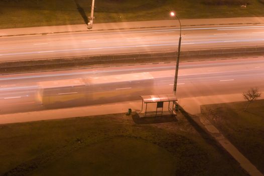 Bus at a stop. Night shooting. Moscow Russia