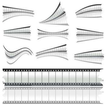 Twisted negative film strips against white background