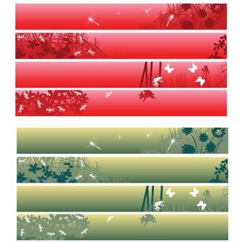 Nature theme banners, headers in red and green over white