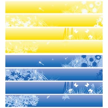 Nature theme banners, headers in blue and yellow over white