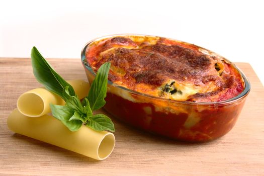 Cannelloni pasta with napoli and bechamel sauces. Baked golden brown and ready to eat