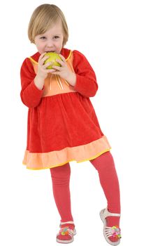 Little girl and green ripe apple on the white background