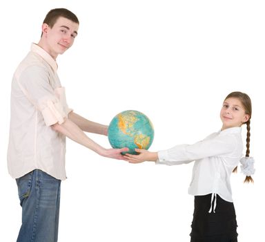 Girl and man hold on hands terrestrial globe