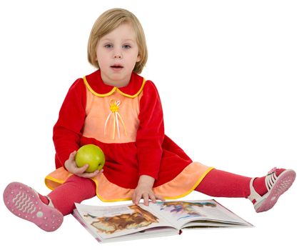 Little girl reading a book on the white background