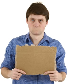 Man without mouth and carton tablet on the white background