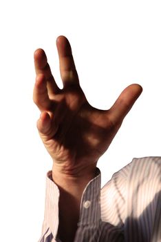 Strong man's hand with thumbs up. White shirt in stripes. White background.