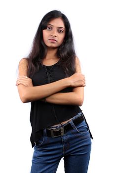 A portrait of a stylish teenage Indian model, on white studio background.