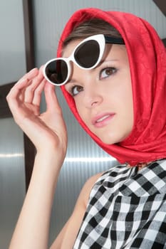 beautiful girl in plaid dress with red kerchief and stylish sunglasses