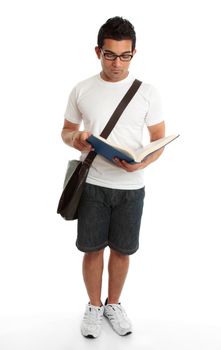 A male student reading from an open book, textbook.  White background.