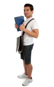 Side view of a full length standing college or university student.   He is holding a book and giving a thumbs up sign.  White backgruond, shadows under feet.