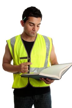 Construction worker with a book or a construction student apprentice studying learning.  White backgrond.