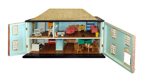 Antique Dollhouse with Doors Open isolated with clipping path