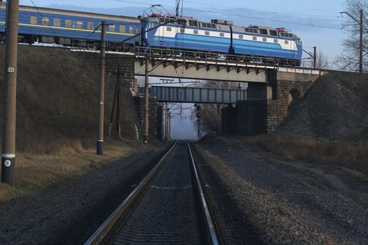 Electric locomotive on the bridge in Ukraine