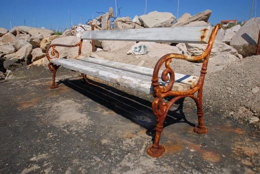 Bench on the shore in the town of Vodice, Croatia.