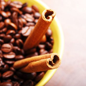 coffee beans and cinnamon with copyspace showing food concept