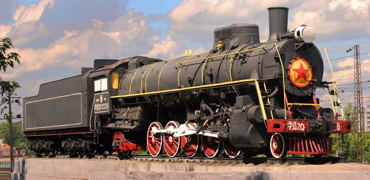 Worth not a pedestal a steam locomotive in the city of Kharkov on Ukraine