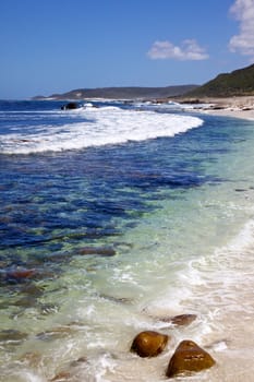 The cold, clear waters of the Atlantic Ocean at Maclear Beach, in the Cape of Good Hope area of the Cape Peninsula, South Africa.