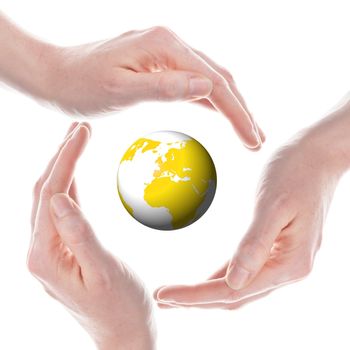 the globe in your hands concept with planet earth isolated on white