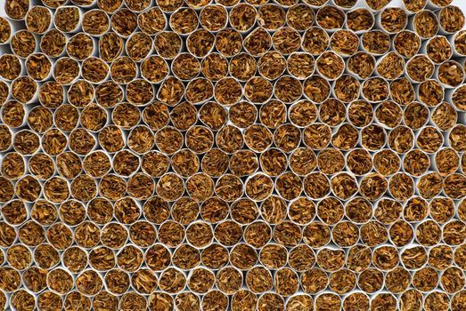 Symmetrical pile of cigarettes shot from the smoking side.