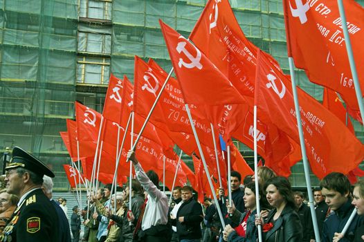 ST PETERSBURG, RUSSIA-MAY 9, 2008: People walking in demonstration to celebrate World War II Victory Day on May 9, 2008.