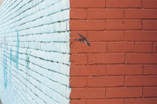 Close-up view of corner and painted wall with graffiti