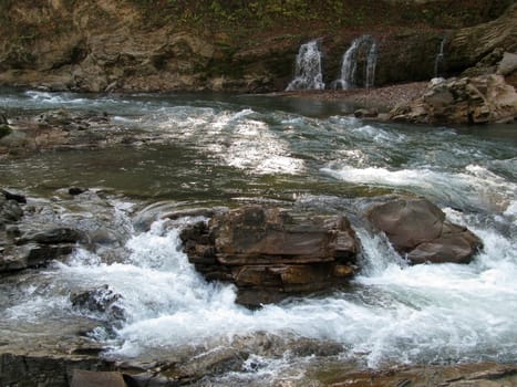 Falls, the river, stream, water, moisture, beauty, caucasus, relief, landscape, the nature, landscape, kind, background, stream, wood, channel, rocks, mountains, autumn, a panorama, stones, the cascade, travel, round, a nature sanctuary, excursion object